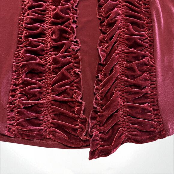 Etoile Ruffled Knit Cardigan Sz Large Open Front Velvet Trim Wine Red Boho Chic - Picture 4 of 6